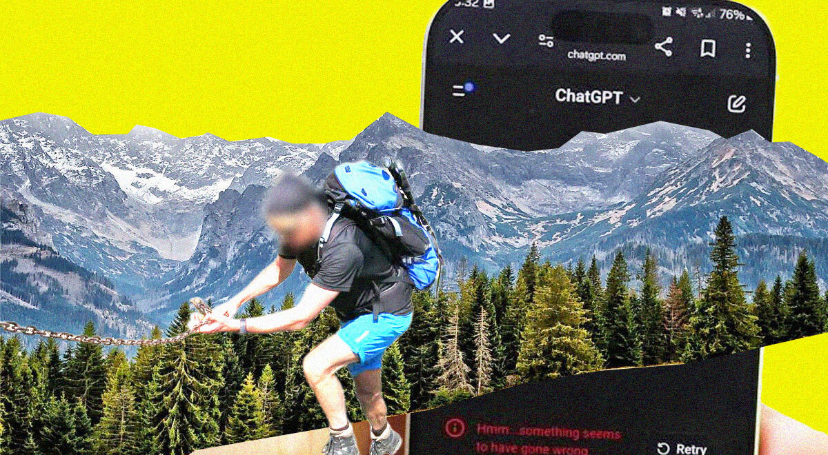 A hiker climbing the mountain; a smarphone screen with ChatGPT opened