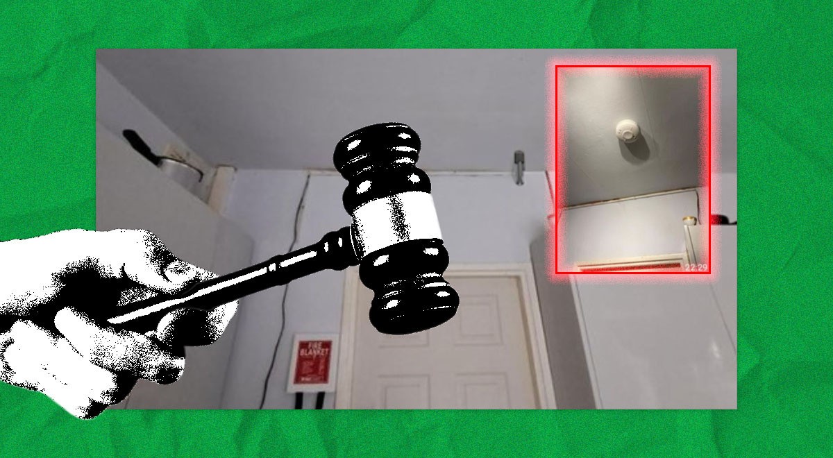 A hand holding a gavel, an AI-generated smoke detector in the corner of the room