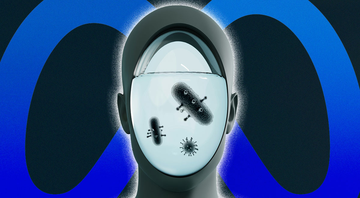 A robot's head and bacteria inside it; the logo of Meta