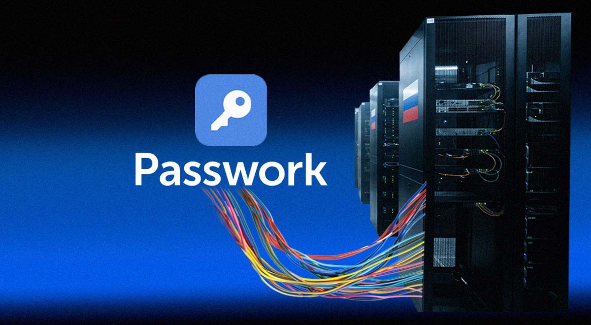 The logo of Passwork, a server, a Russian flag