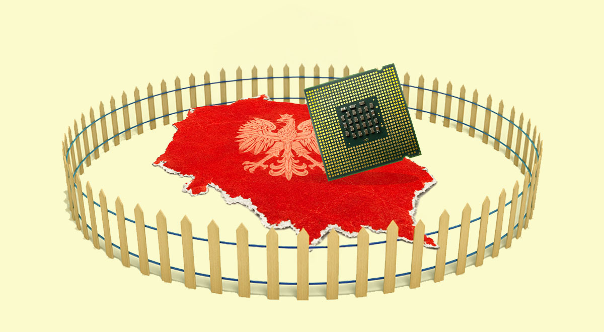 Poland on the map surrounded by a fence; a microchip