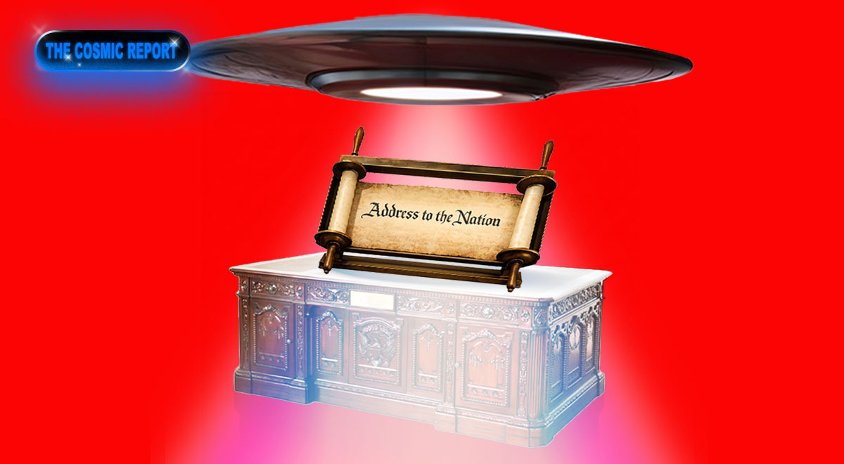 The desk in the oval office, complete with UFO shining down on it.