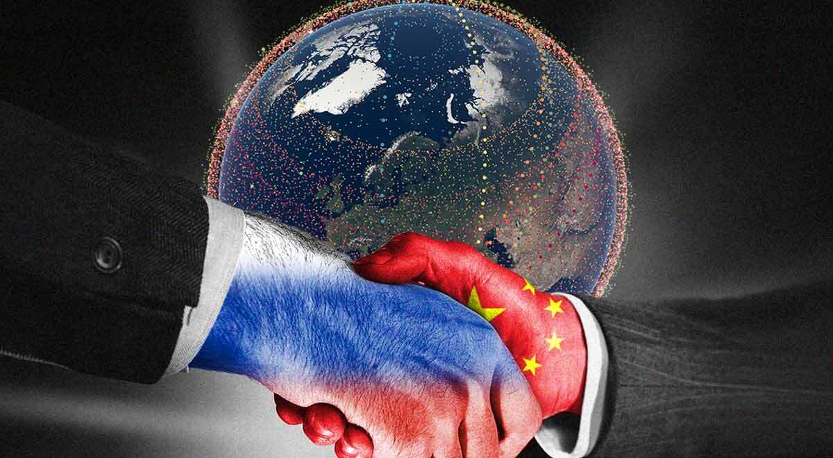 A hand with a Russian flag shaking a hand with a Chinese flag, the planet Earth