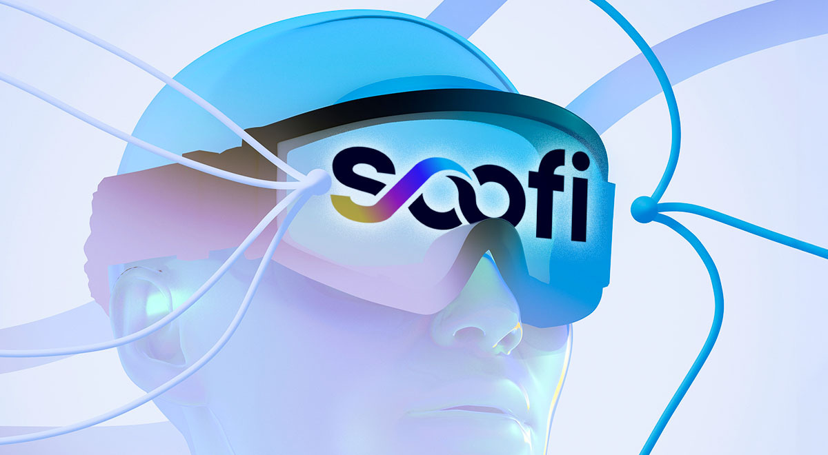 A person's head with VR glasses that say Soofi S