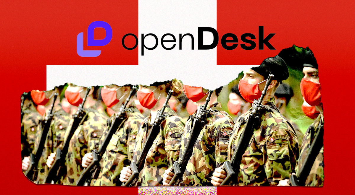The Swiss army soldiers, the logo of OpenDesk, the flag of Switzerland