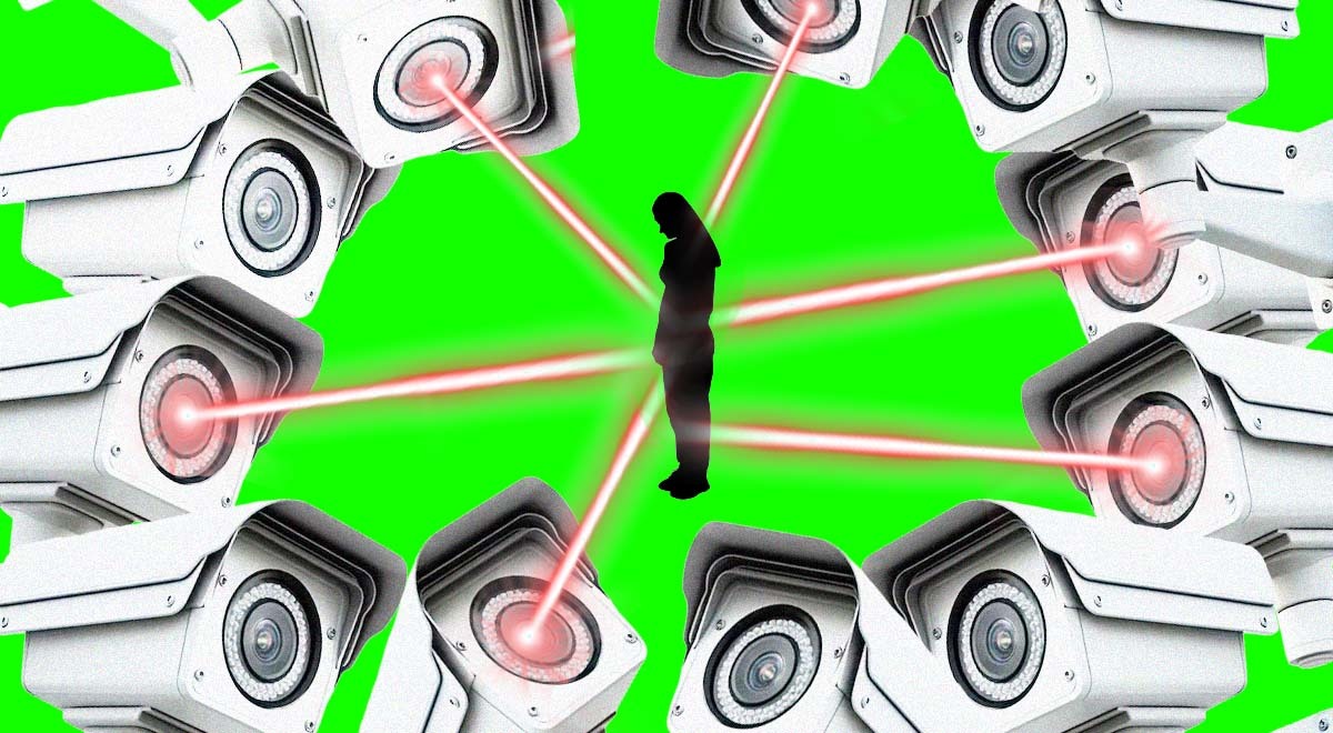 A circle of surveillance cameras that are pointing to a woman in the middle