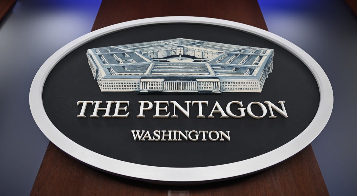 Pentagon logo is seen ahead of a press conference at the Pentagon in Washington D.C.