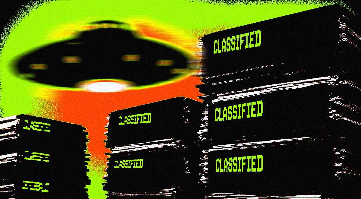 A UFO hovering above classified files.