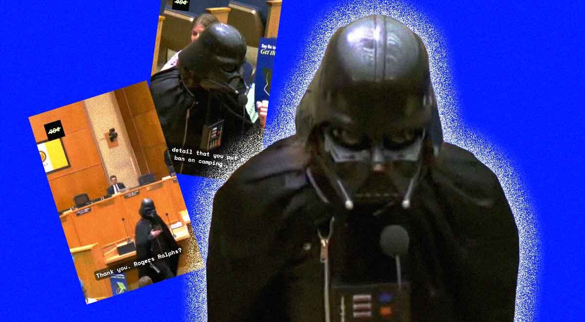 Screenshots of a man dressed as Darth Vader in San Diego City Hall; blue background