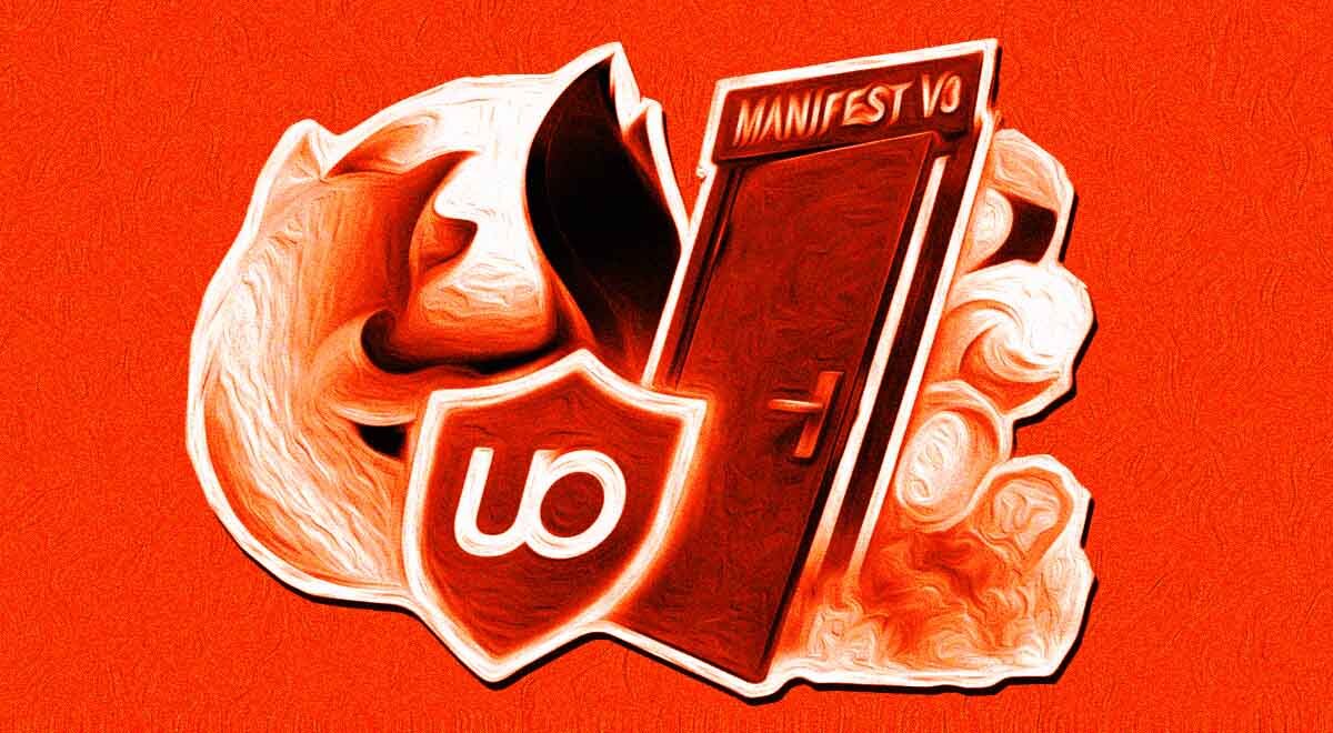 A giant Firefox logo stands untouched behind a glowing uBlock Origin shield