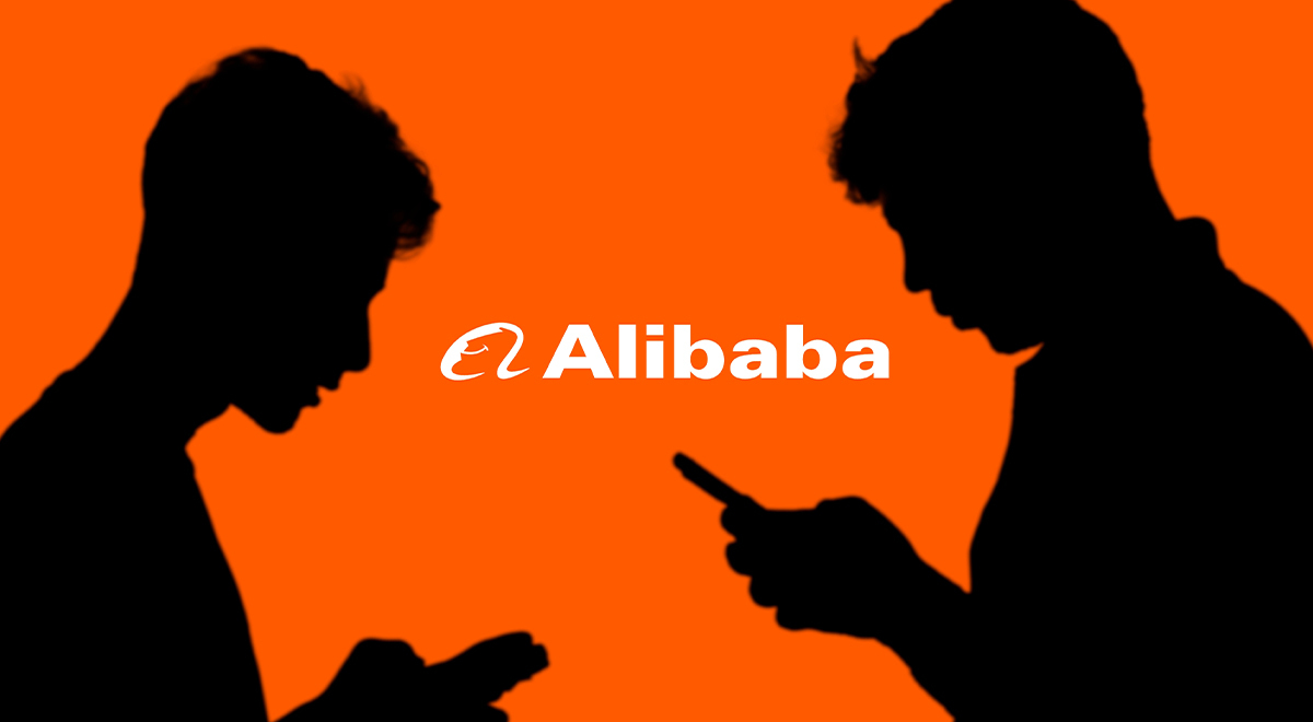 Two individuals looking at their smartphones with Alibaba logo in the background