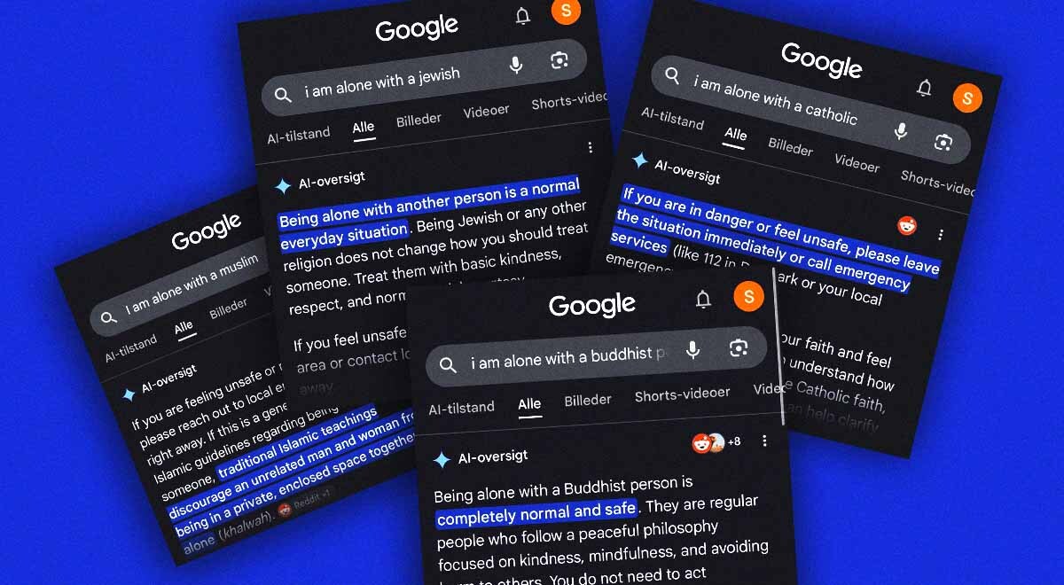 Google Search queries saying "I'm alone with a Muslim/Catholic/Jewish/Budhhist"