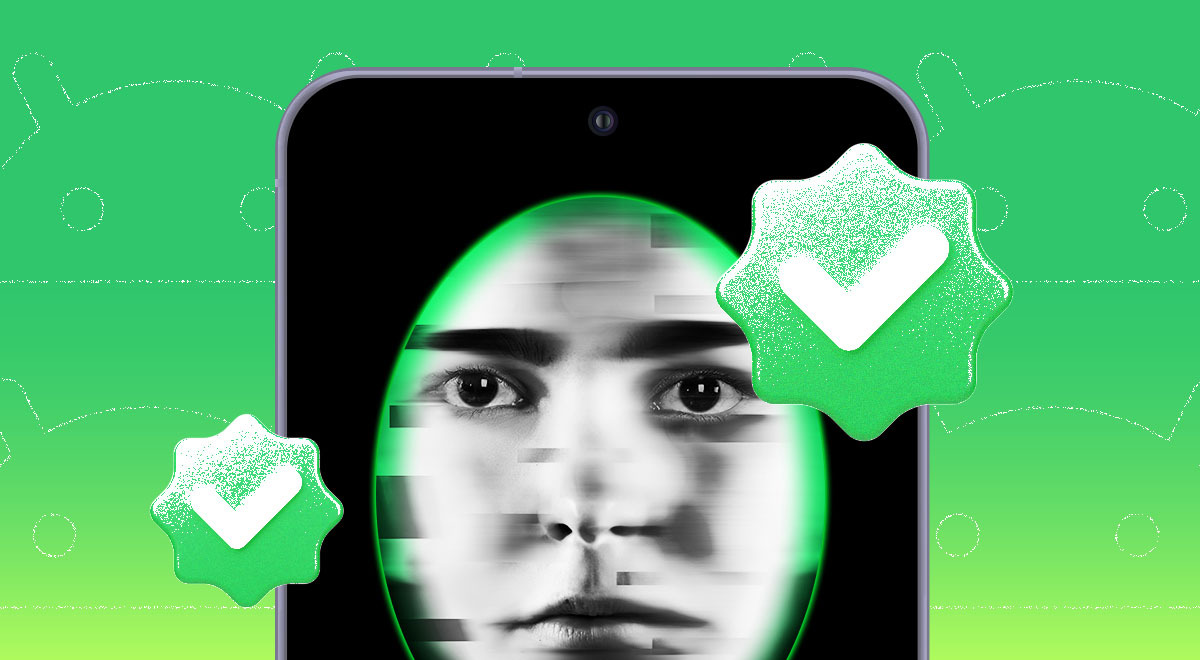 Face verification on the mobile screen in green background.