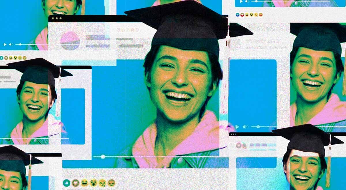 A woman wearing a mortarboard; the window of social media platform