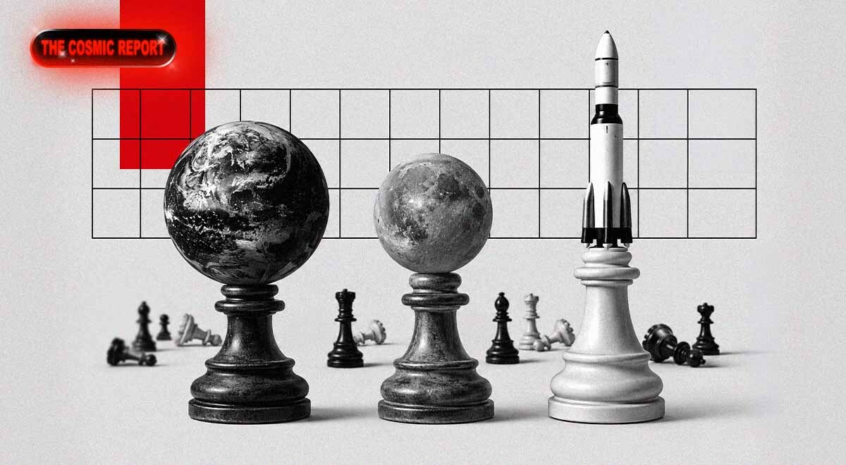 A cosmic chessboard with rockets and planets for pieces.