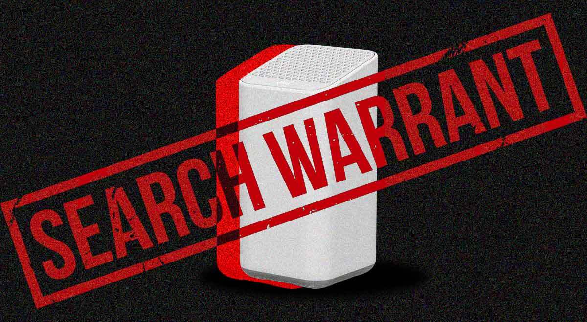 An Xfinity router with the words "Search warrant" over it