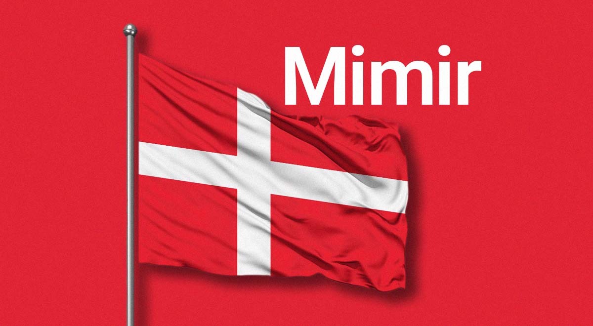 A Danish flag, the word "Mimir" in white
