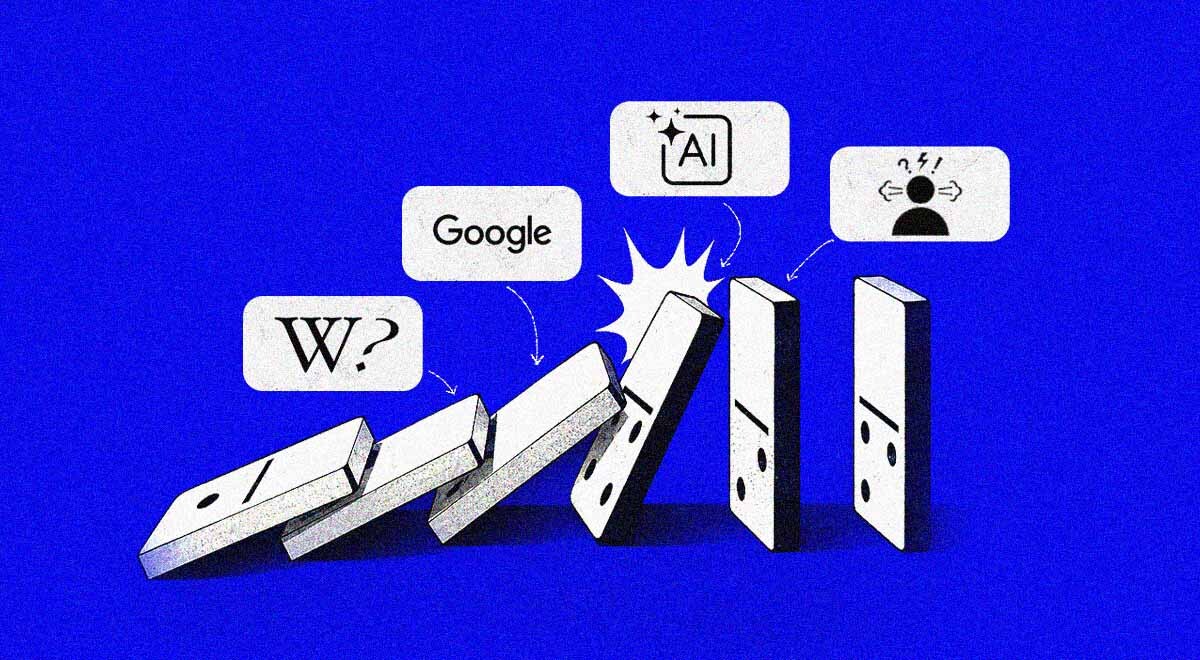 A domino effect of AI misinformation, featuring Wikipedia and Google. Image by Cybernews.