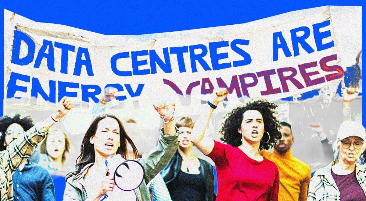 Protestors hold a poster saying "Data centers are energy vampires"