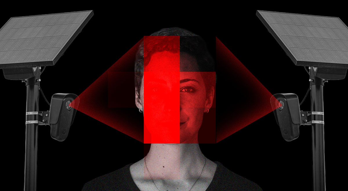 A woman's face lit up by two surveillance cameras