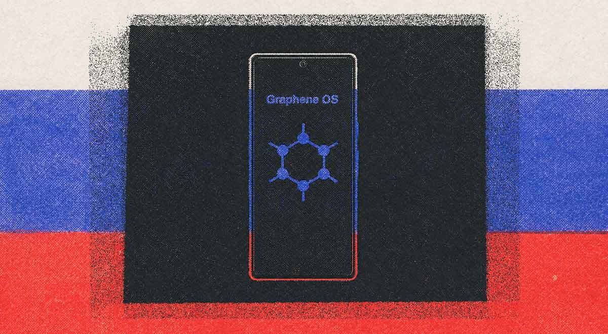 A smart phone and a Graphene OS logo with the Russian flag in the background