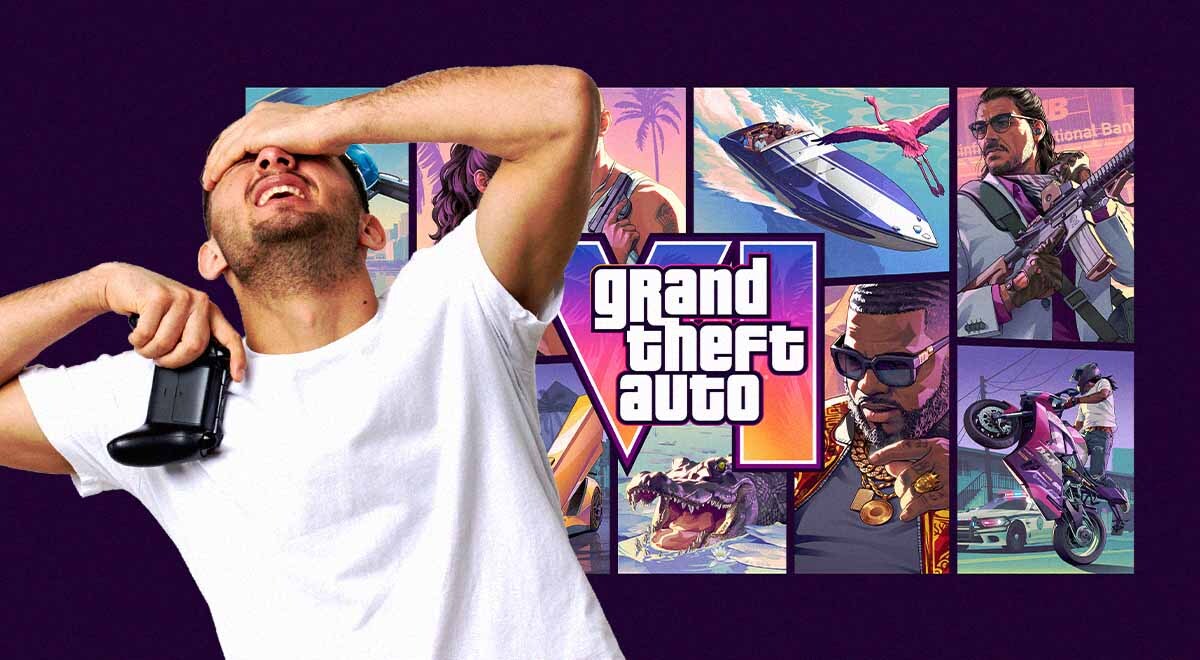 A disappointed gamer next to imagery of the upcoming GTA VI video game