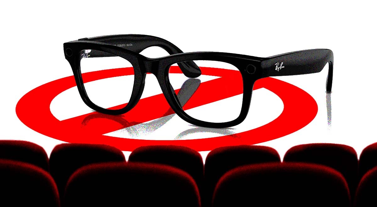 Meta glasses with a "Not Allowed" sign over them in a cinema hall