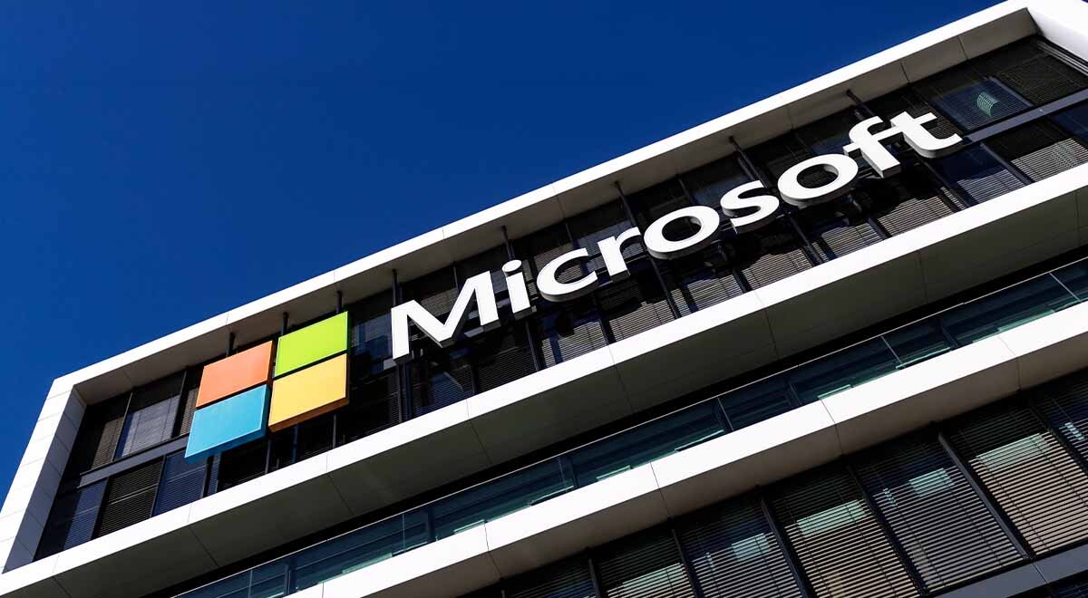 The Microsoft logo at the company's headquarters