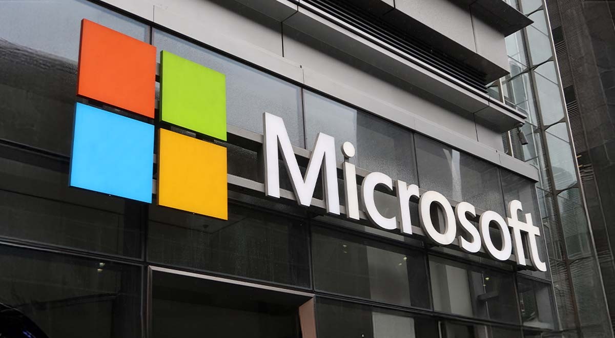 The Microsoft logo on the company's headquarters in New York