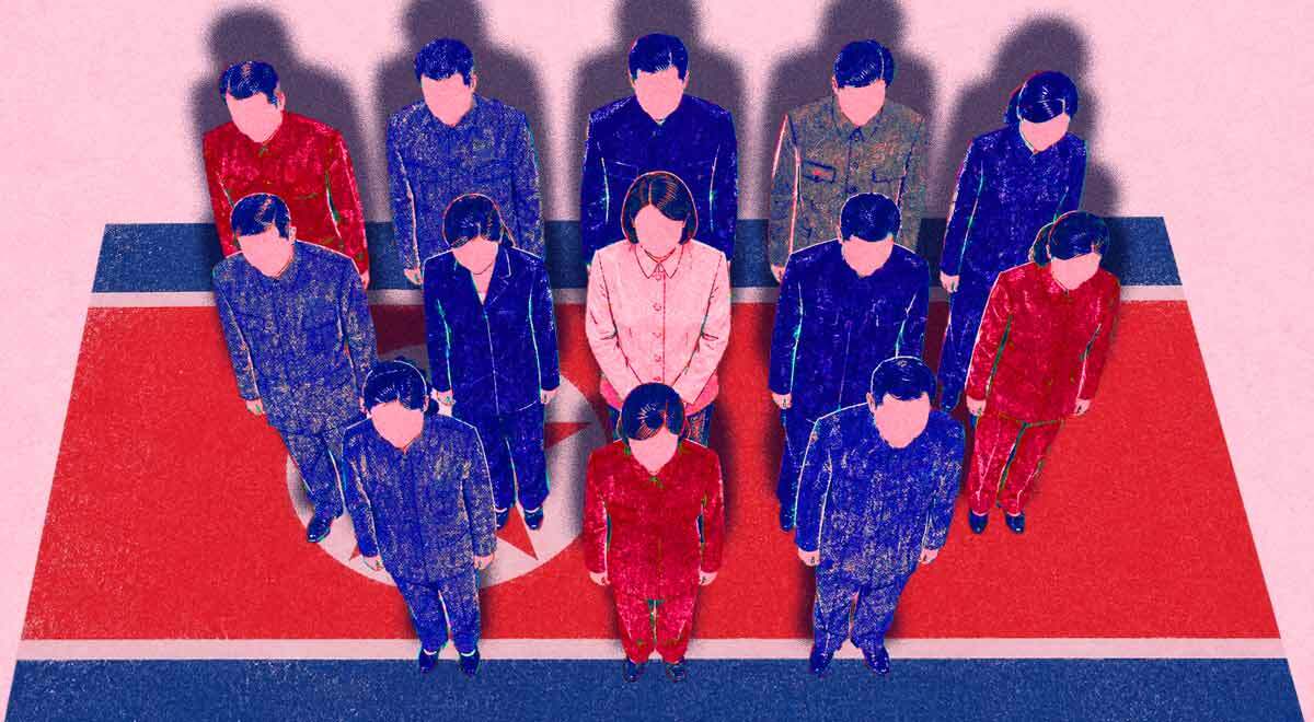 A group of fake North Korean remote workers standing on a North Korean flag