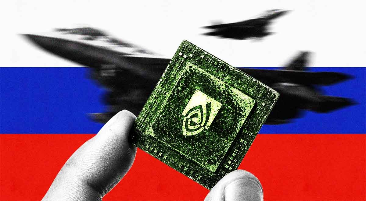 A hand holding a chip, Russian flag on the background, jet fighters