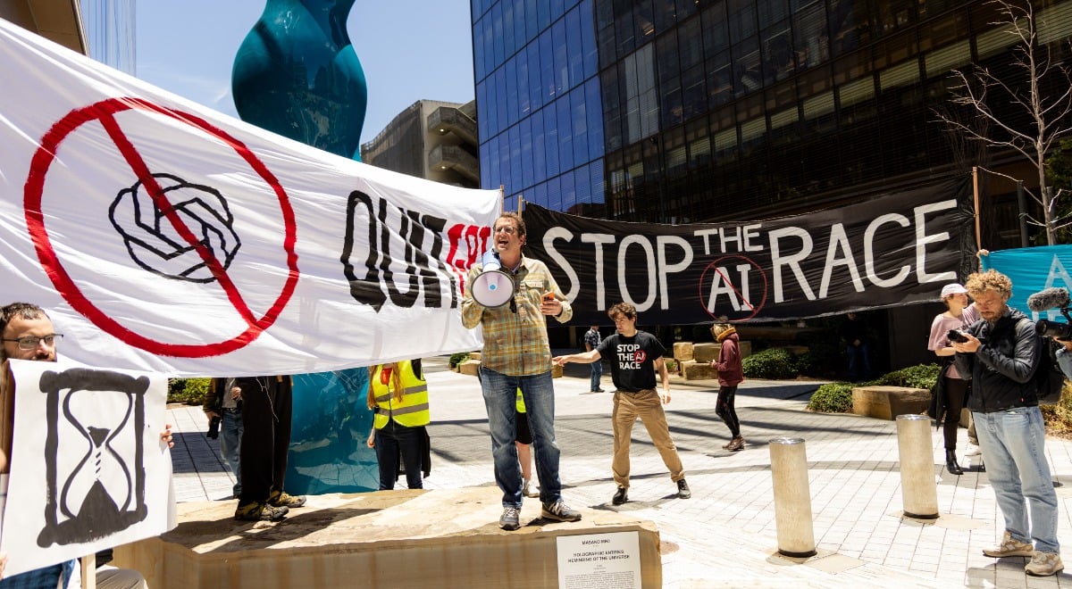 Protest outside Open AI HQ offices in San Francisco, California, US, on Saturday, July 11, 2026.
