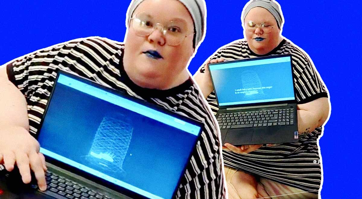 A human content creator with her "AI child" on her laptop.
