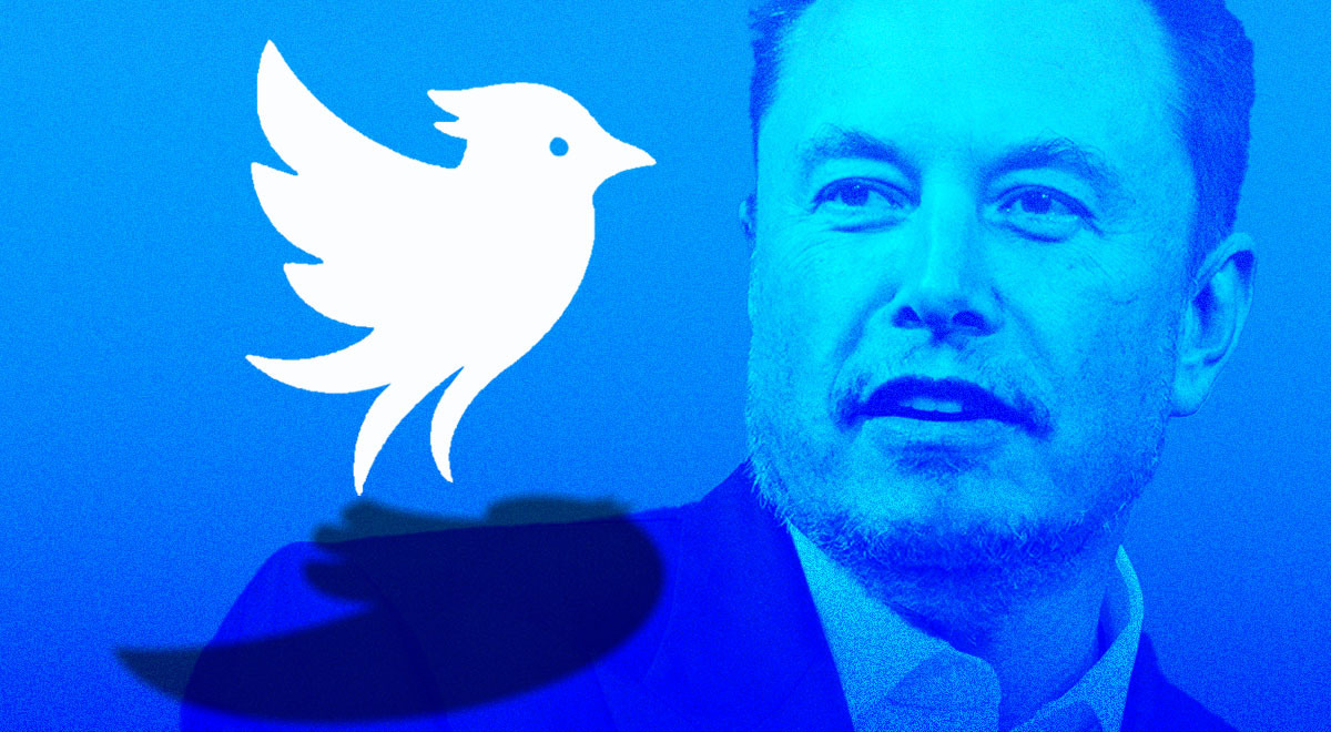 Twitter.now logo and Elon Musk in blue background