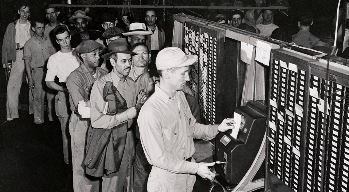 Workers Punching Time Clock at Rouge Plant of Ford Motor Company