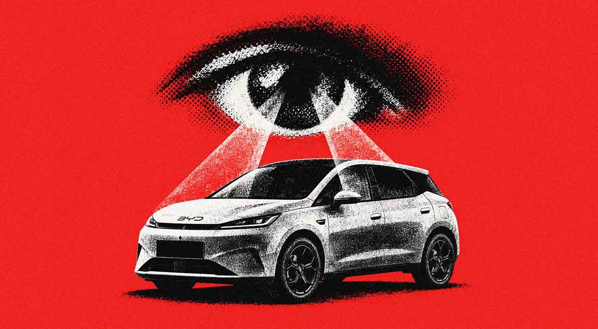 A BYD electric car under a watchful surveillance eye.