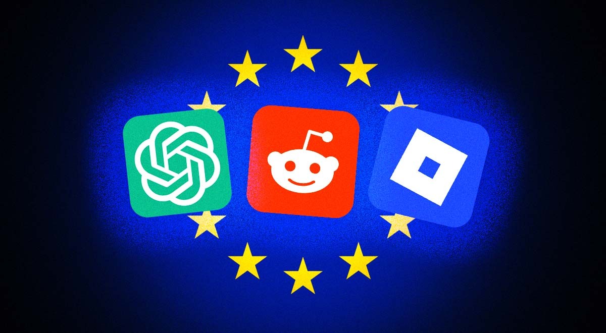 ChatGPT, Reddit, Roblox logos superimposed on EU flag