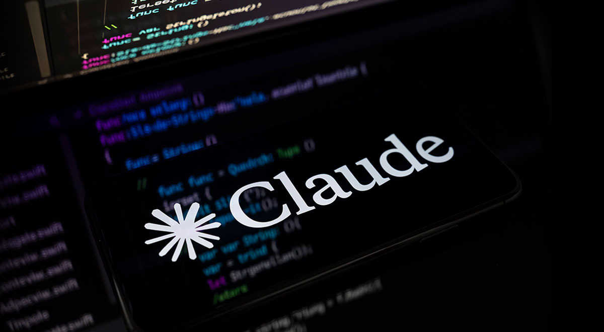 Claude logo in the black background with snippets of source code in the background