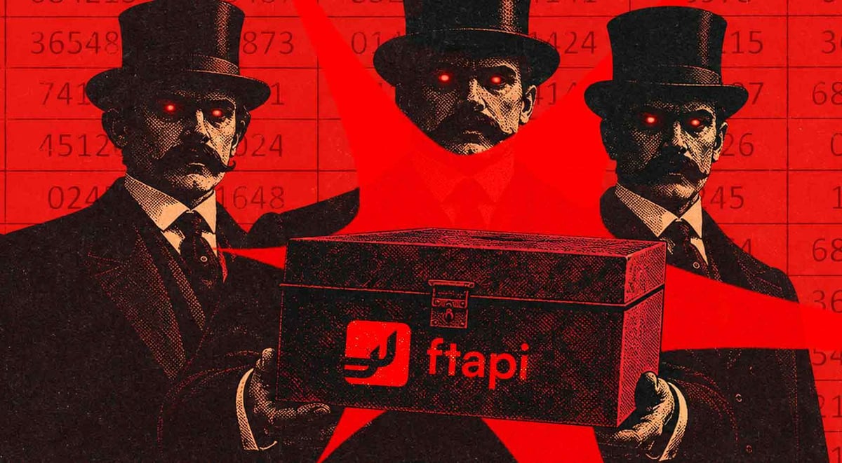 Three figures in red background holding a box with FTAPI logo on it.