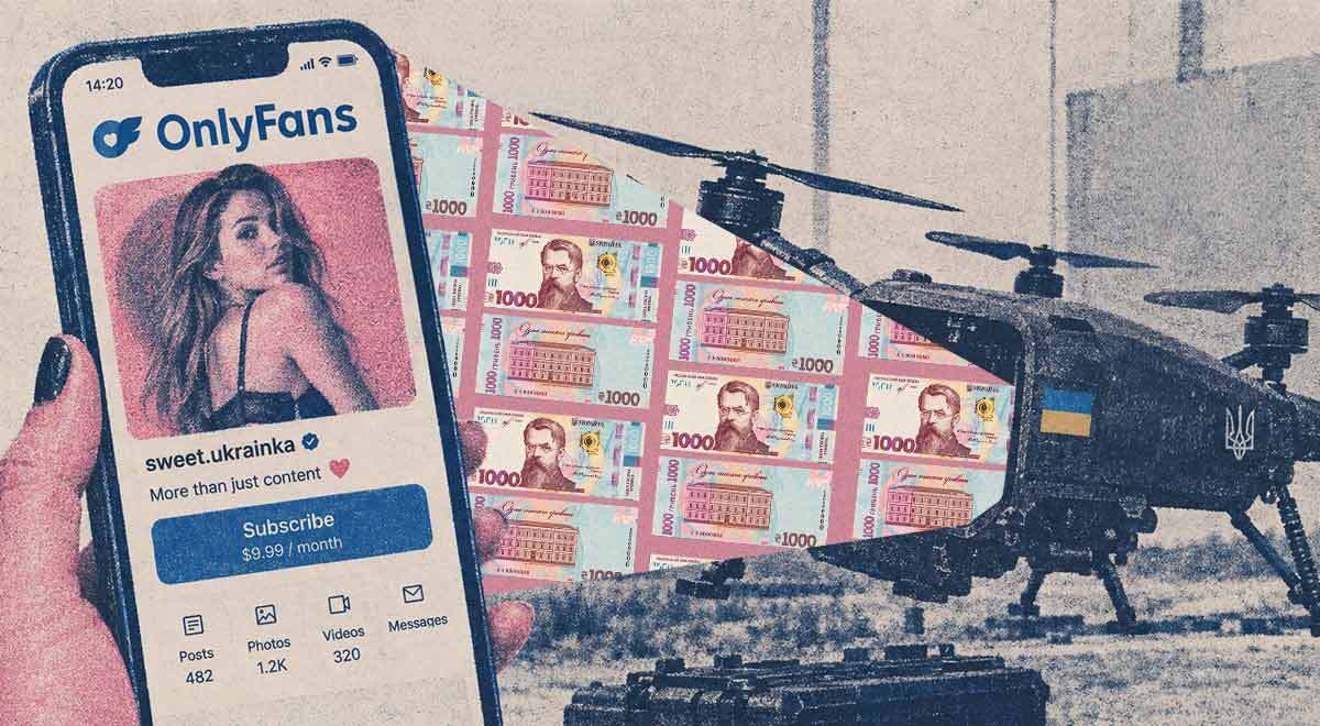 OnlyFans-style creator page, with Ukrainian hryvnia banknotes flowing,