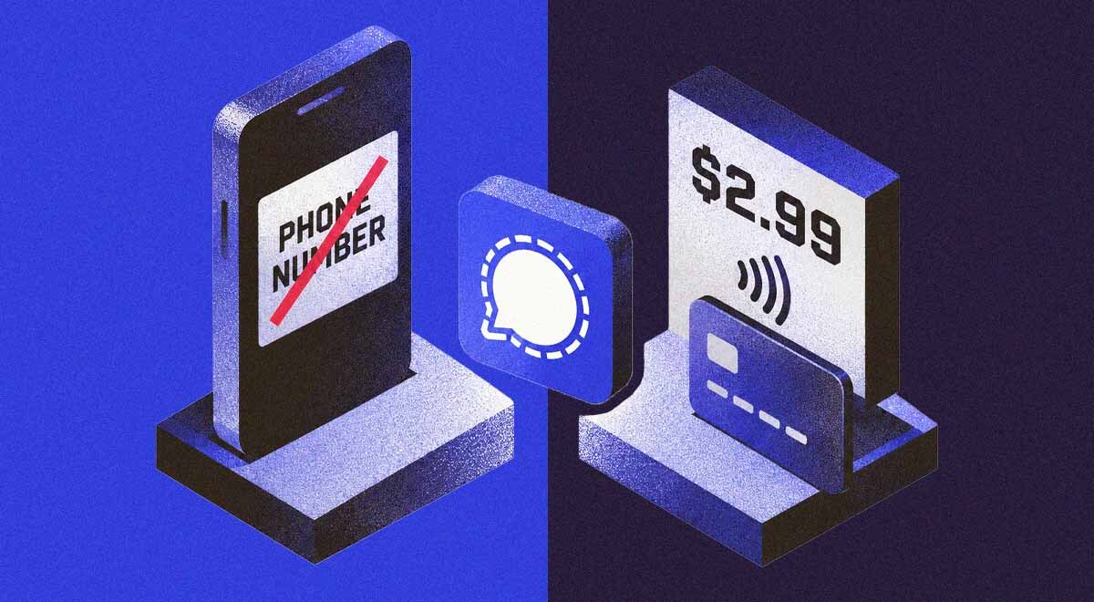 A split screen of a phone-numberless Signal subscription and a $2.99 subscription fee.