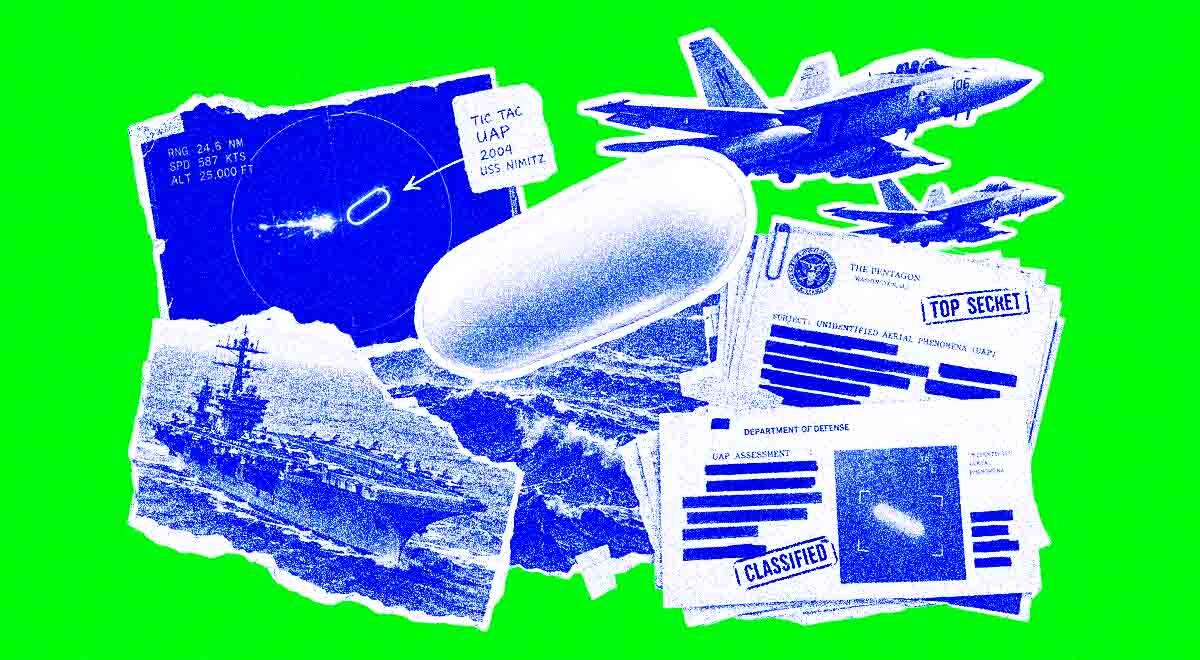 A dramatic Tic Tac UFO over the ocean with military radar screens. Image by Cybernews.