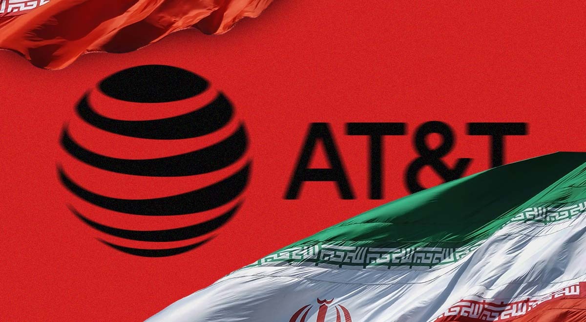 AT&T logo in the red background and Iran flag