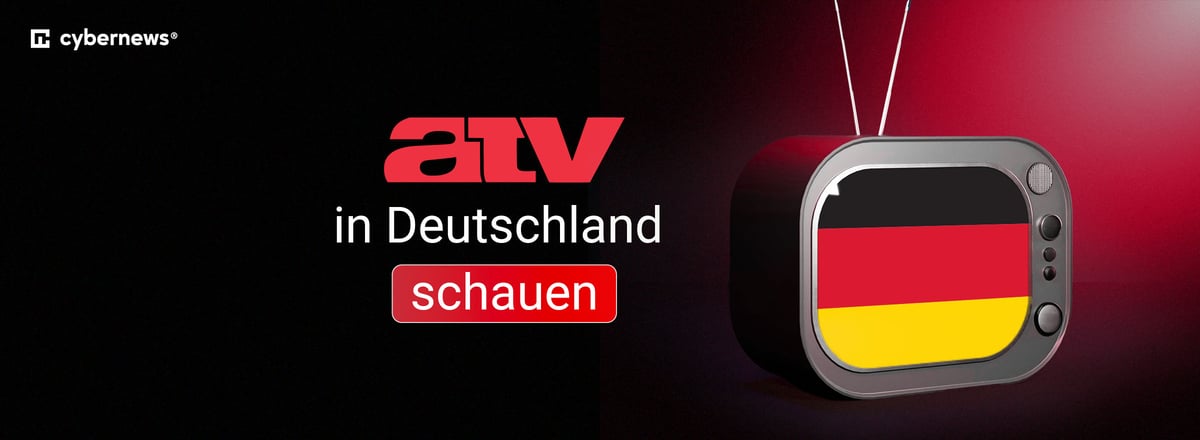 ATV-Logo, TV-Gerät mit Bundesflagge, rot-schwarz