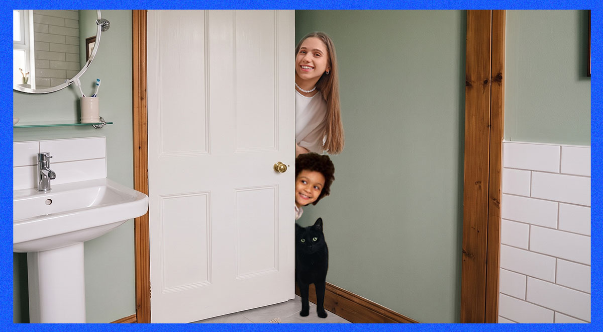 cat and kids trying to get into through closed bathroom doors