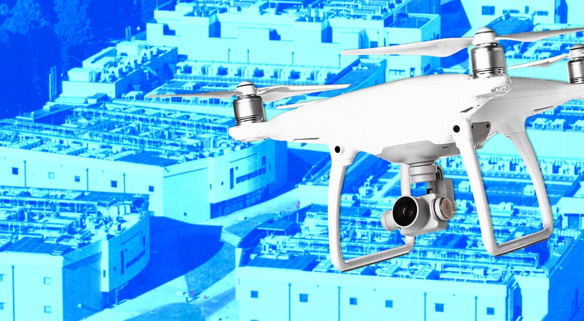 A drone flying over a data center