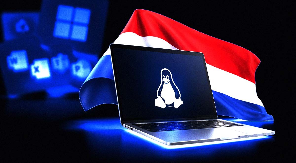 A laptop screen with the Linux logo on it, the flag of the Netherlands