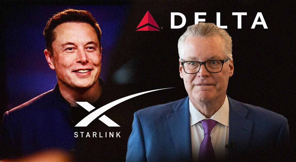 Elon Musk, logo of Starlink, Delta CEO Ed Bastian, and logo of Delta Air Lines.