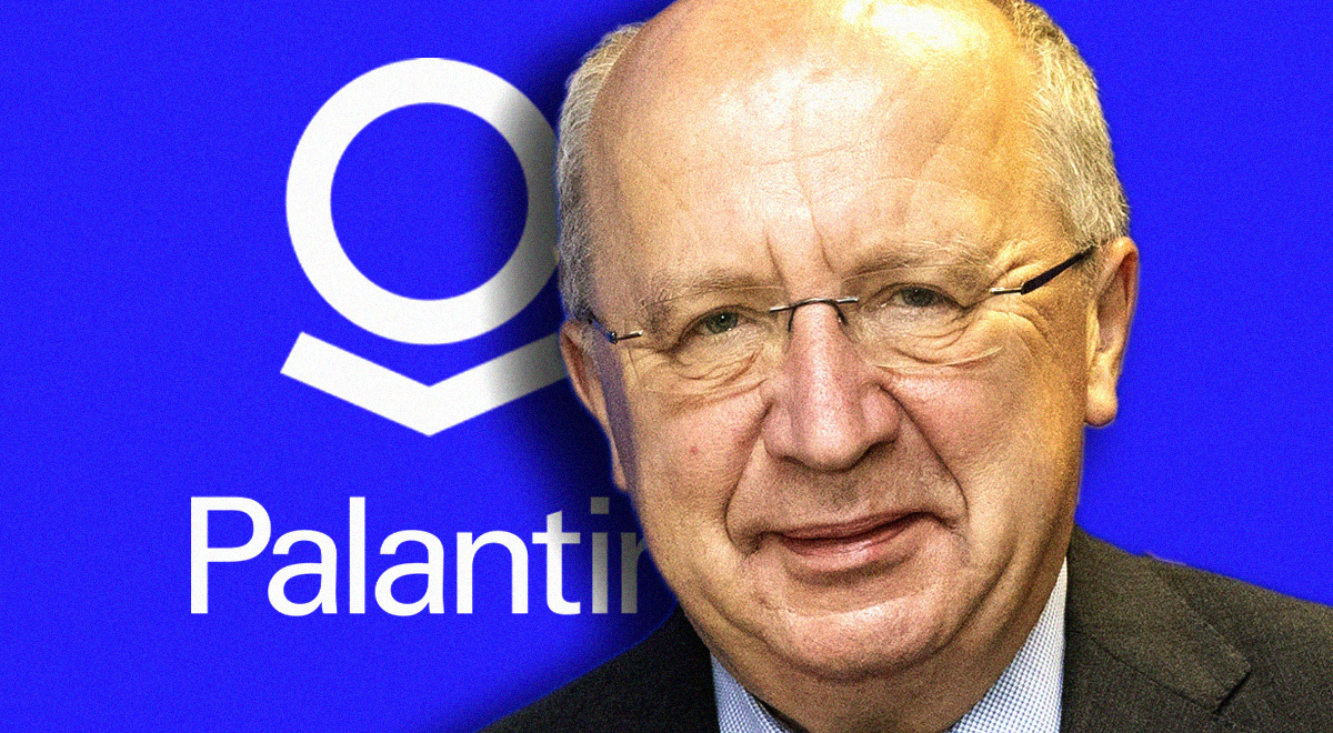 The logo of Palantir Technologies, EU's defense and space commissioner Andrius Kubilius