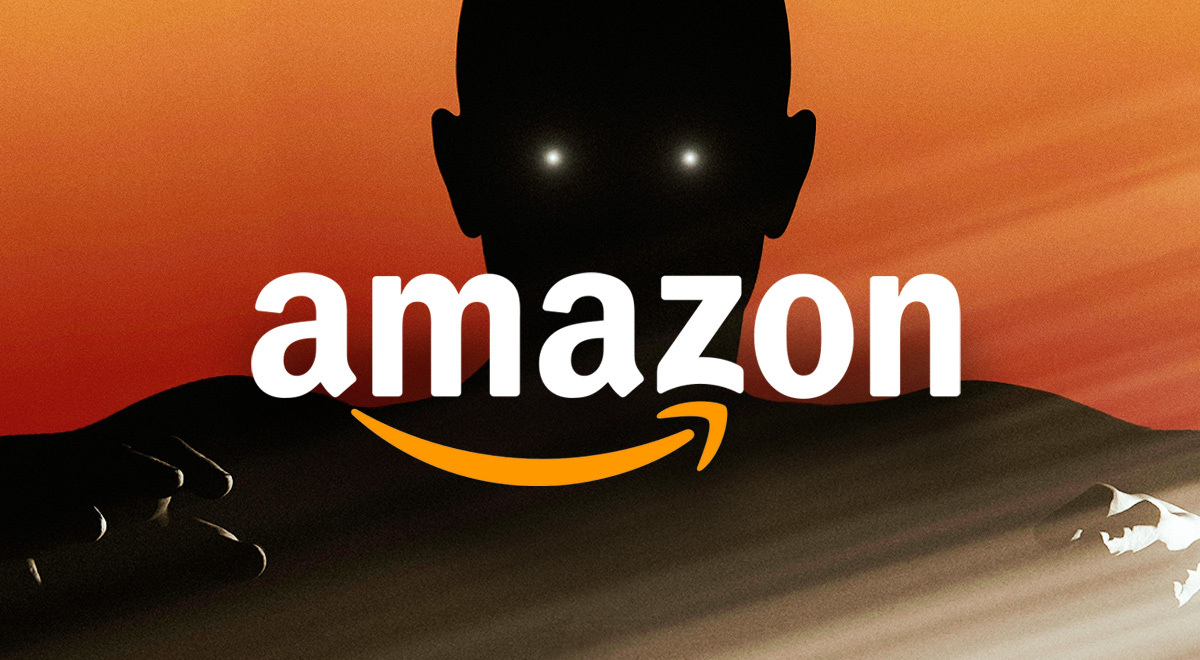 amazon logo, black man shadow in the background